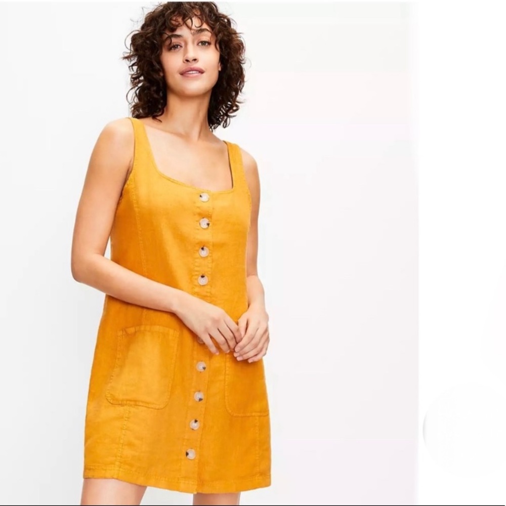 Lou & Grey 100% linen yellow dress with tortoise buttons